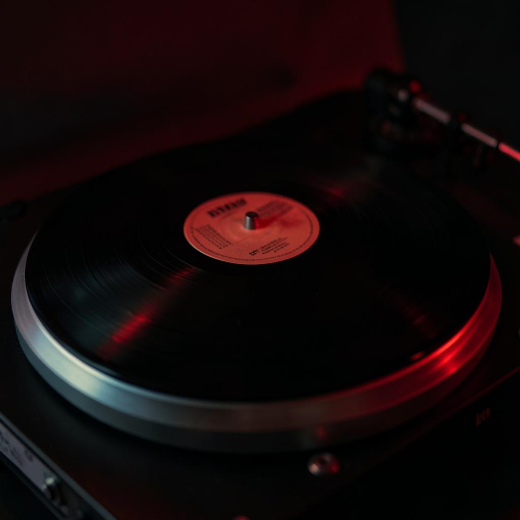Vinil girando em toca-discos sob luz vermelha
